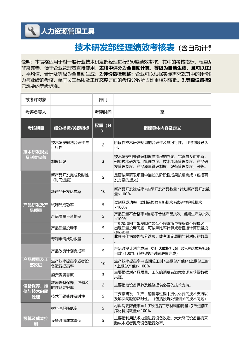 09-2-技术研发部经理绩效考核表（含自动计算、等级评价） (2).xlsx_第1页