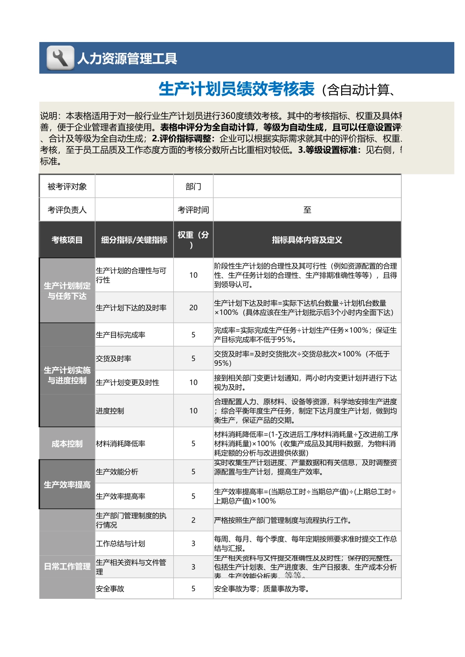 10-7-生产计划员绩效考核表（含自动计算、等级评价、任意设 (2).xlsx_第1页
