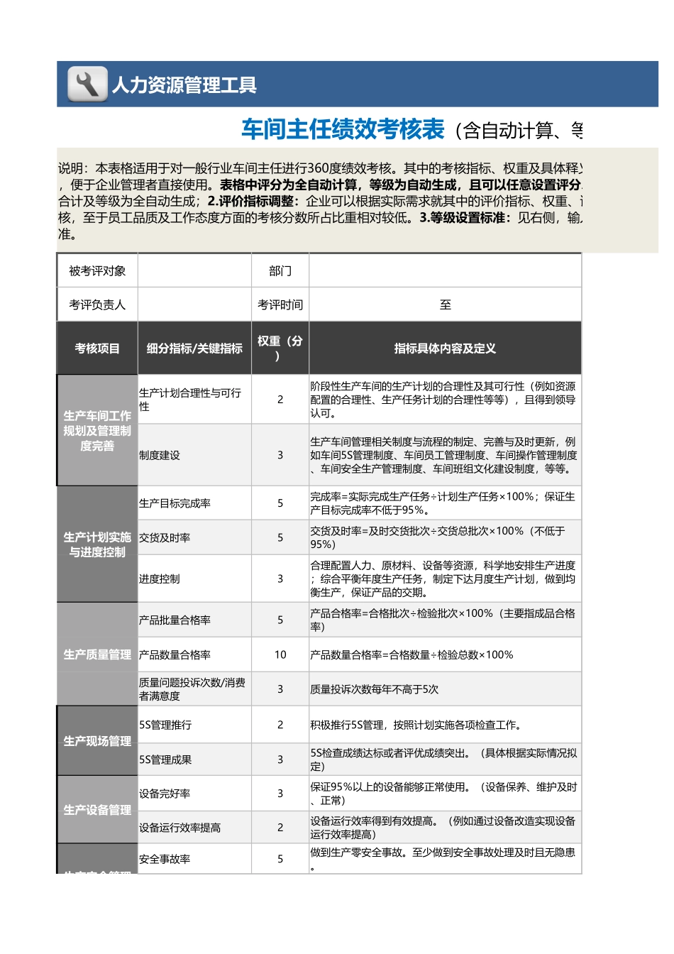 10-14-车间主任绩效考核表（自动计算、等级评价） (2).xlsx_第1页