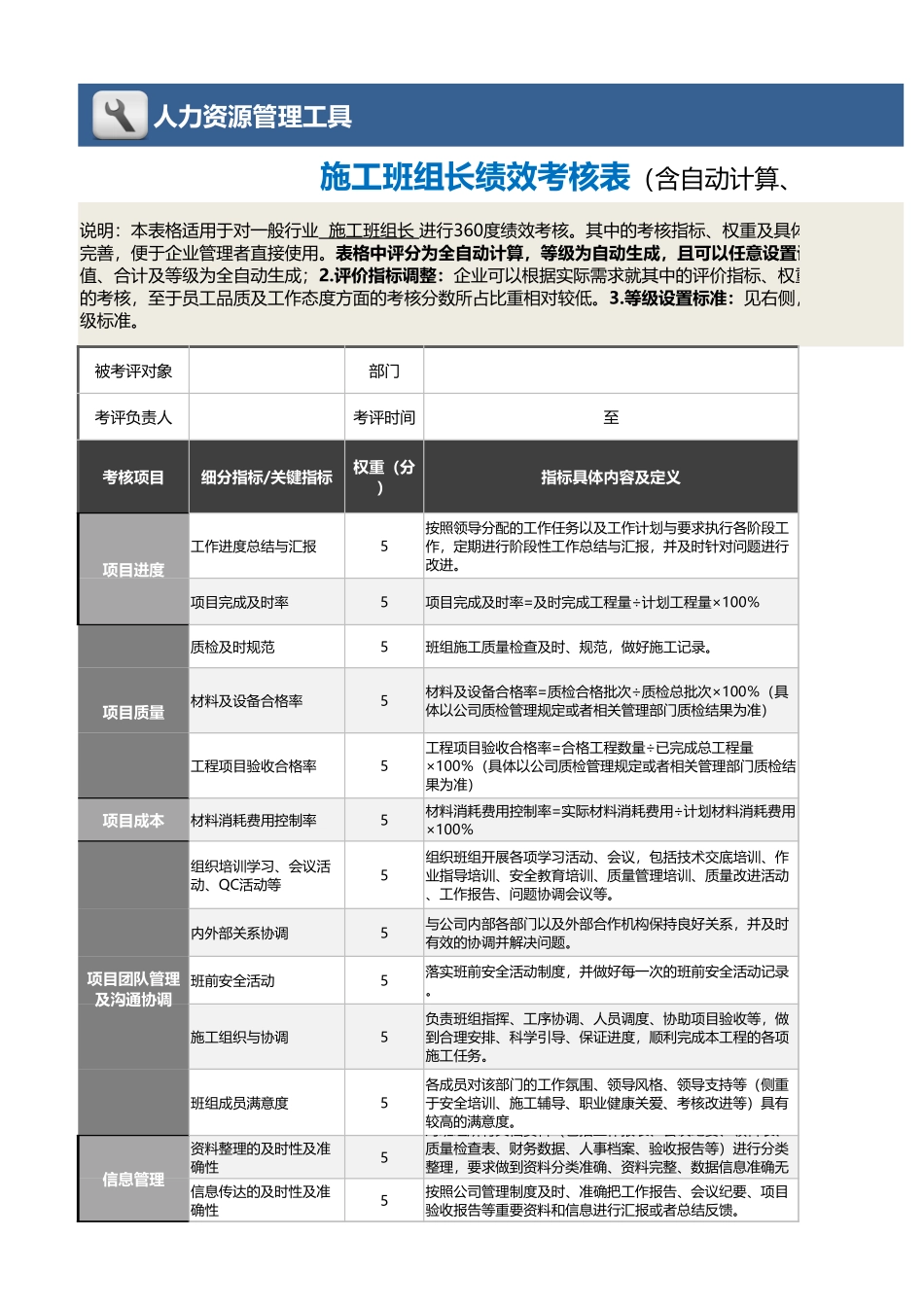 08-5-施工班组长绩效考核表（含自动计算与等级评价） (2).xlsx_第1页