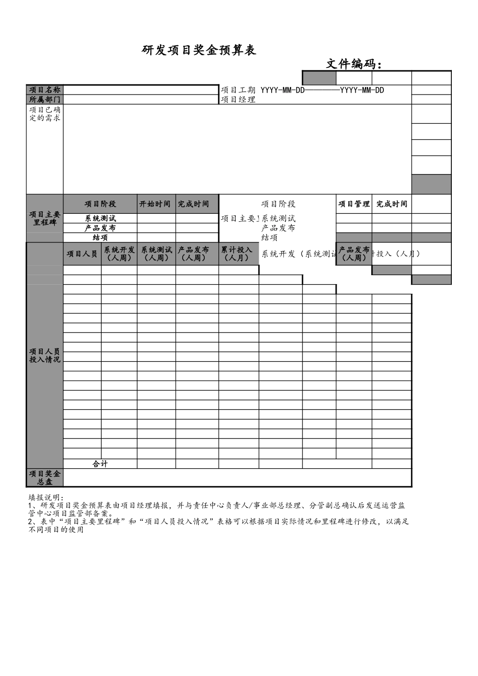 10-项目编号+项目名称项目奖金预算表(模板) (2).xls_第1页