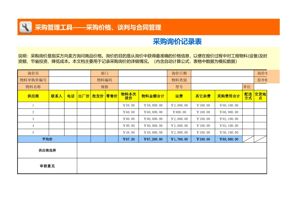 采购询价记录表（自动计算均价） (2).xls_第1页