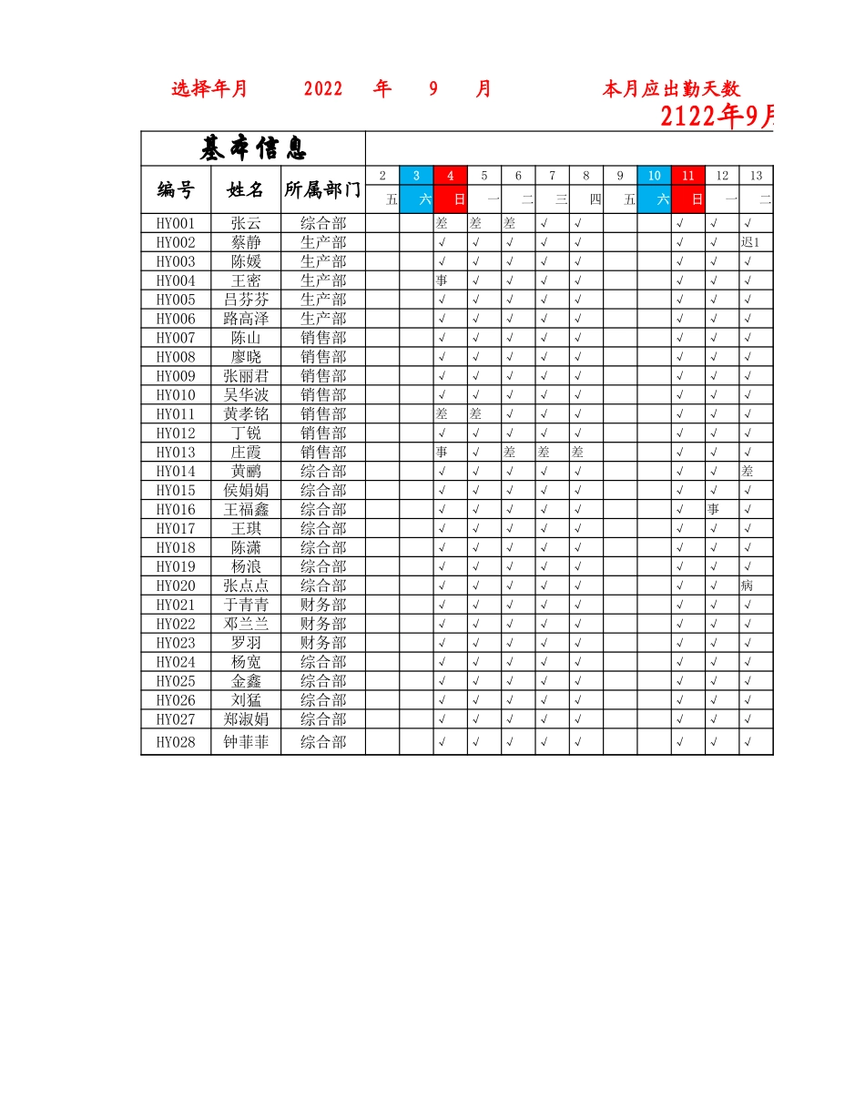 员工月考勤表.xlsx_第1页