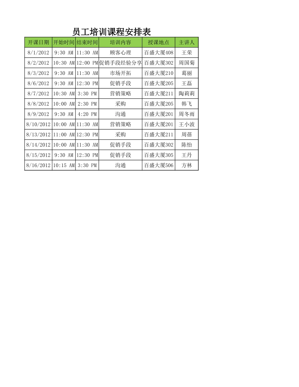 员工培训课程安排表.xlsx_第1页