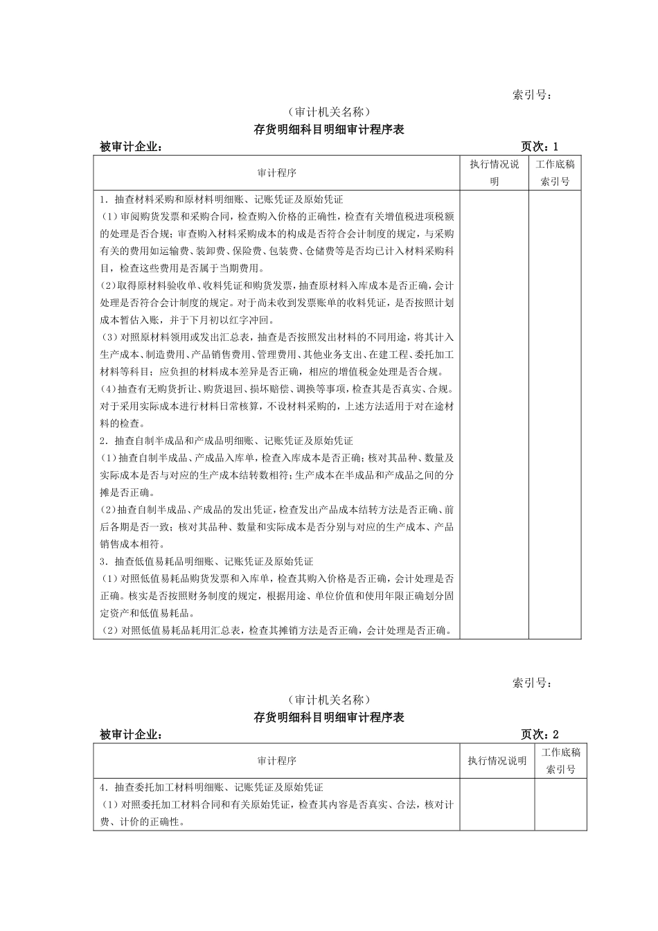 流动资产W-14存货明细科目明细审计程序表.doc_第1页