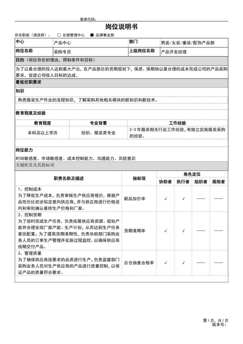 8、岗位说明书-产品部-采购员工级.doc_第1页