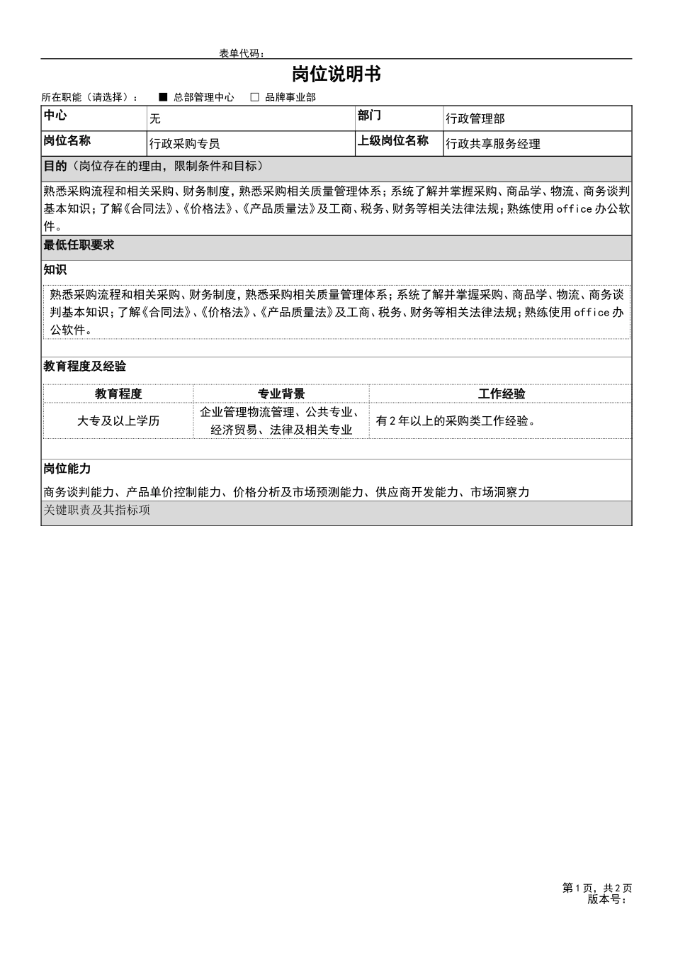 7、岗位说明书-行政共享服务组-行政采购员工级.doc_第1页