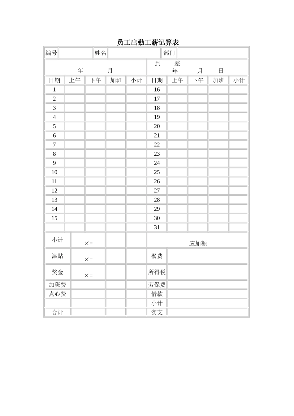 员工出勤工薪记算表.doc_第1页