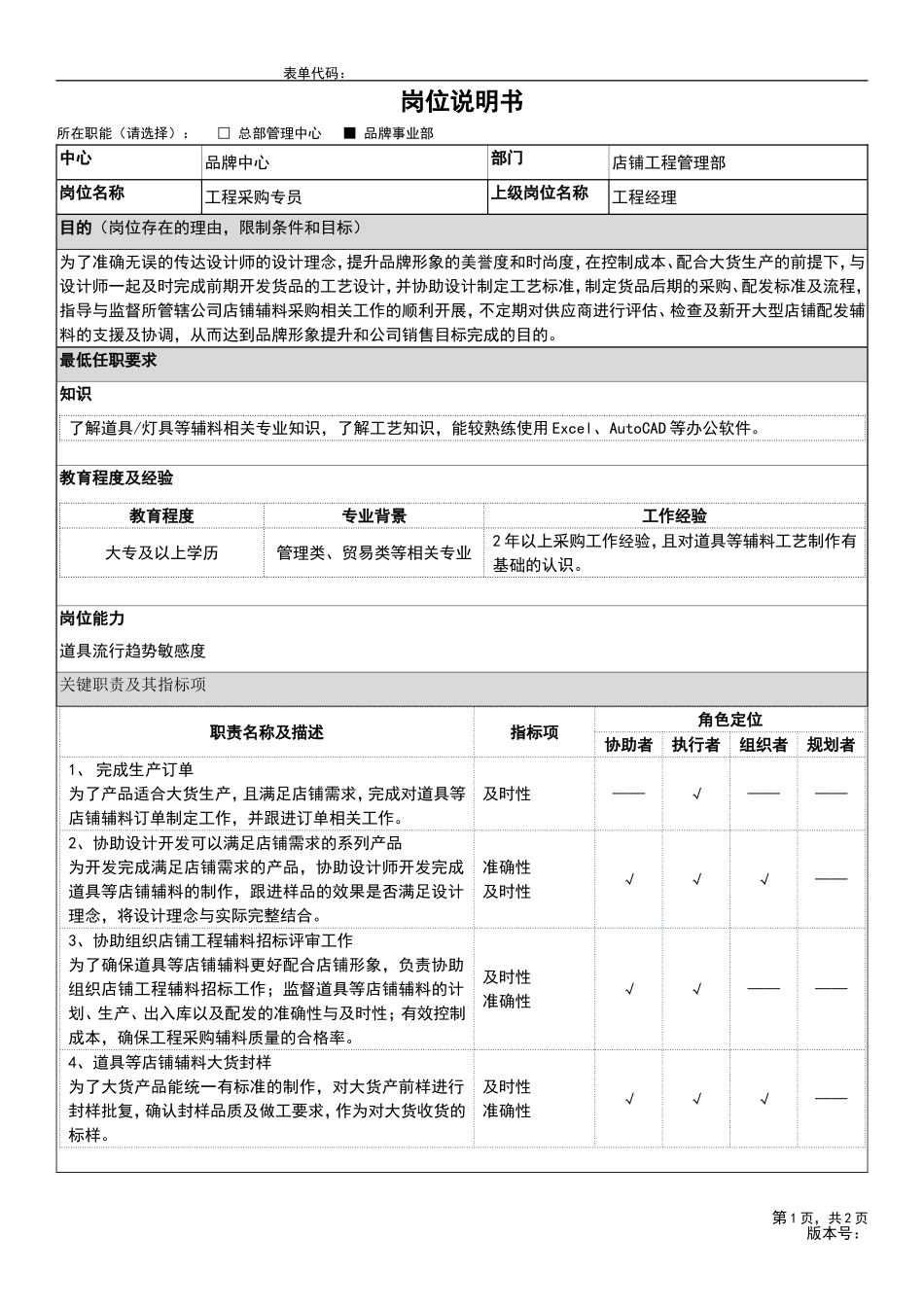 9、岗位说明书-店铺工程管理部-工程采购员工级.doc_第1页