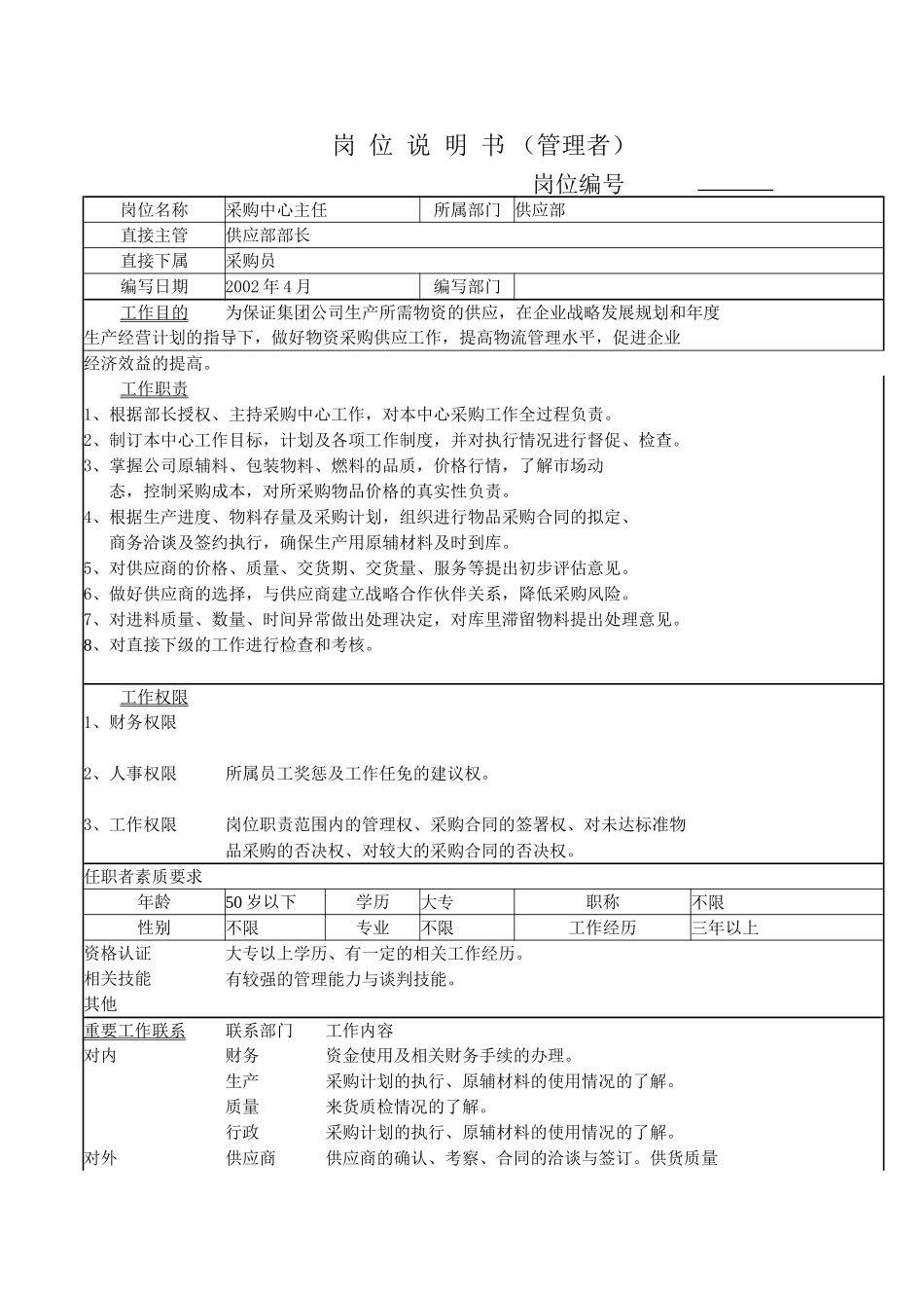 3、岗位说明书－采购中心主任.doc_第1页