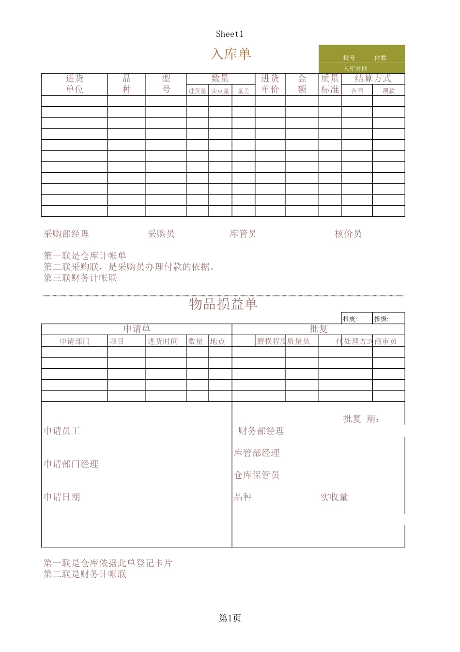 入库出货单-物品损益单-库存盘点表.XLS_第1页