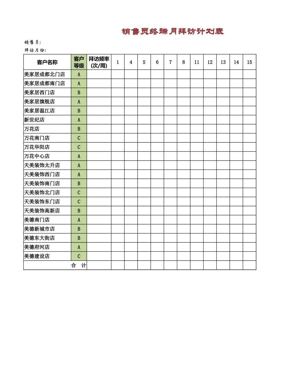 销售员终端月拜访计划表.xlsx_第1页