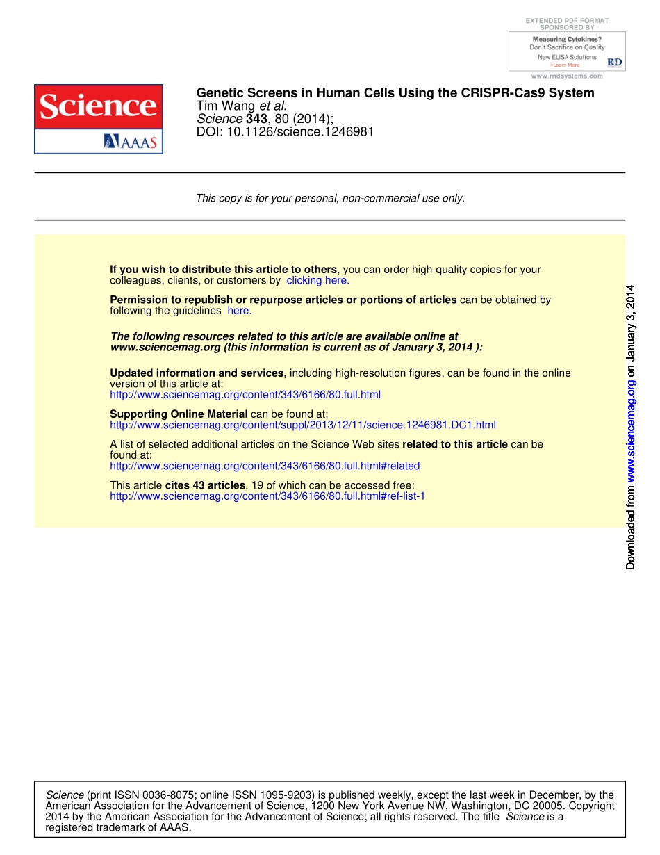 2、Science 2014-使用CRISPR-CAS9系统的人细胞遗传筛选.pdf_第1页