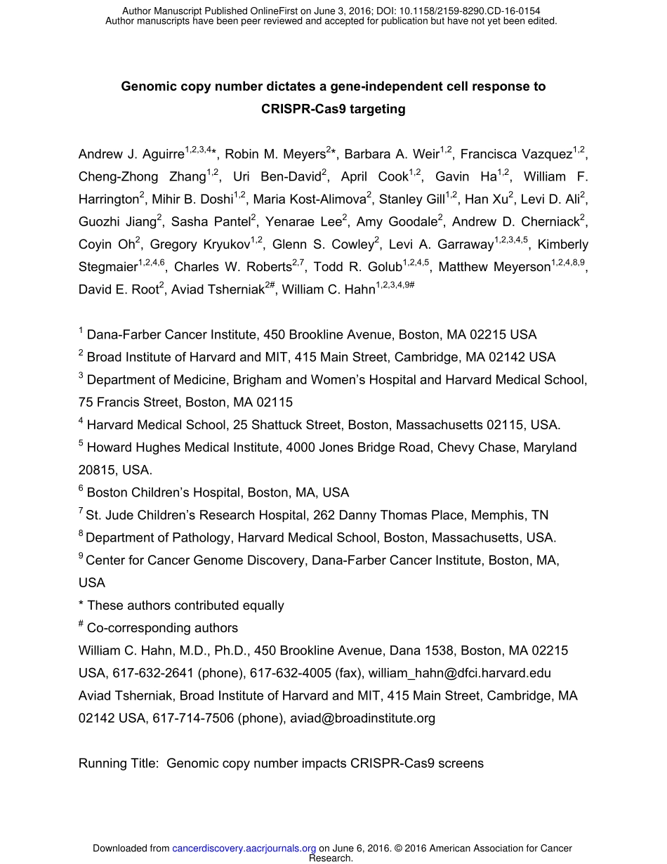 4、Cancer Discov 2016-基因组拷贝数决定了对CRISPR-CAS9靶向的基因独立细胞反应.pdf_第1页