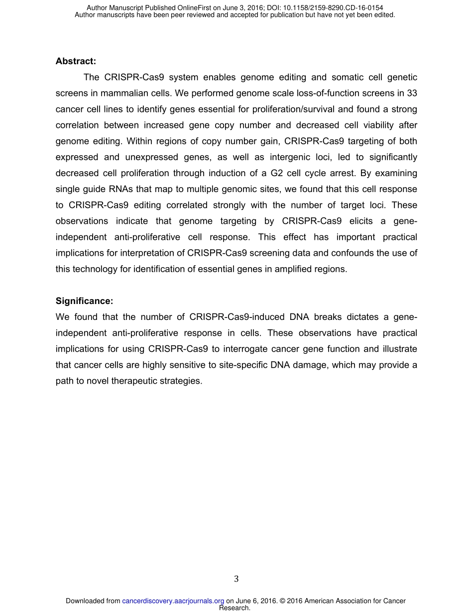 4、Cancer Discov 2016-基因组拷贝数决定了对CRISPR-CAS9靶向的基因独立细胞反应.pdf_第3页