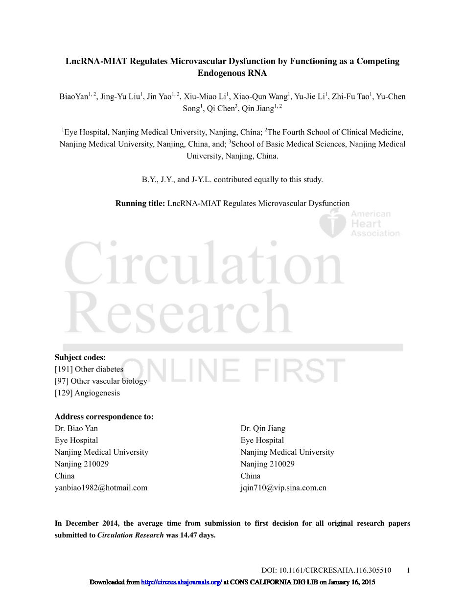 4、Circ. Res. 2015-LncRNA-MIAT作为竞争性内源性RNA调节微血管功能障碍.pdf_第1页