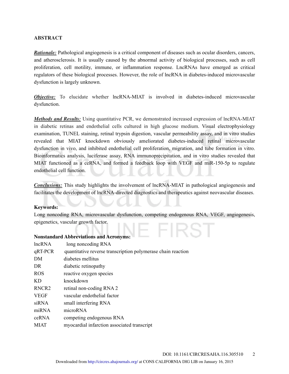 4、Circ. Res. 2015-LncRNA-MIAT作为竞争性内源性RNA调节微血管功能障碍.pdf_第2页