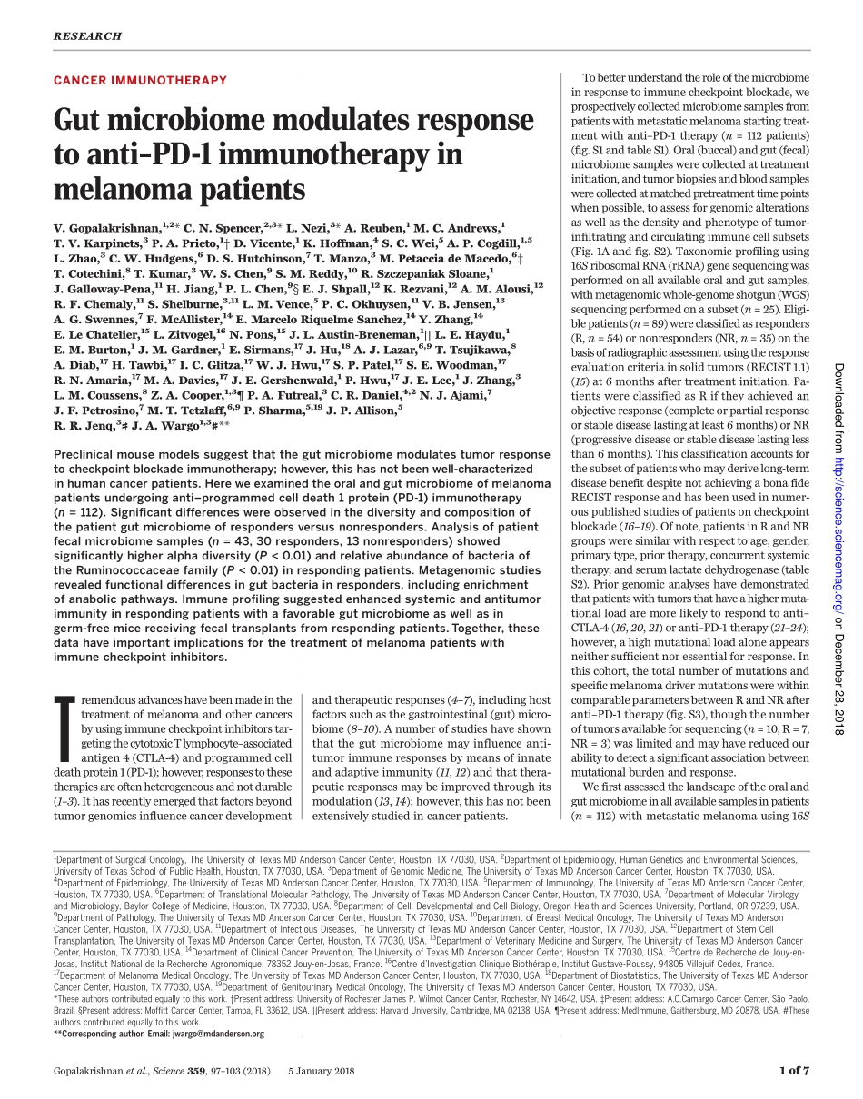 2018-肠道微生物组调节黑素瘤患者对抗PD-1免疫疗法的反应.pdf_第1页