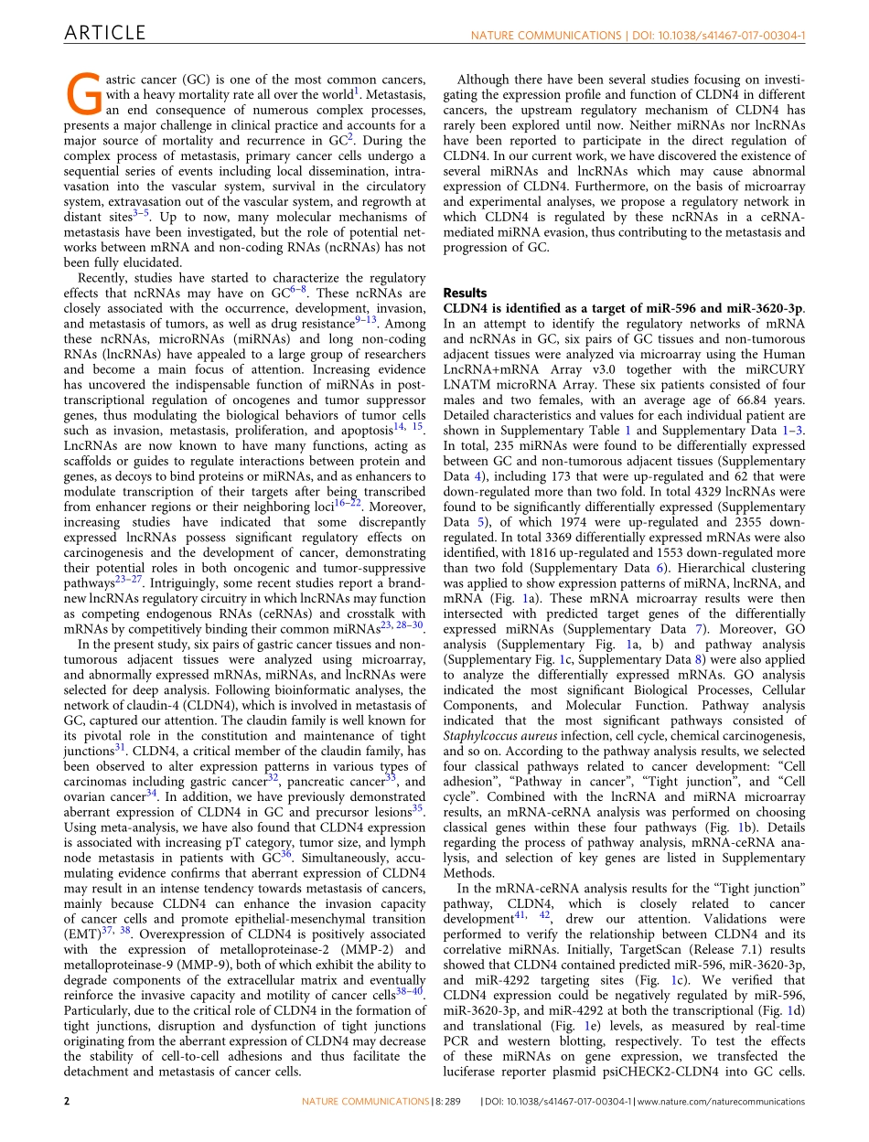 3、Nat Commun 2017-非编码RNA通过ceRNA介导的miRNA逃避参与cldn4调控网络.pdf_第2页