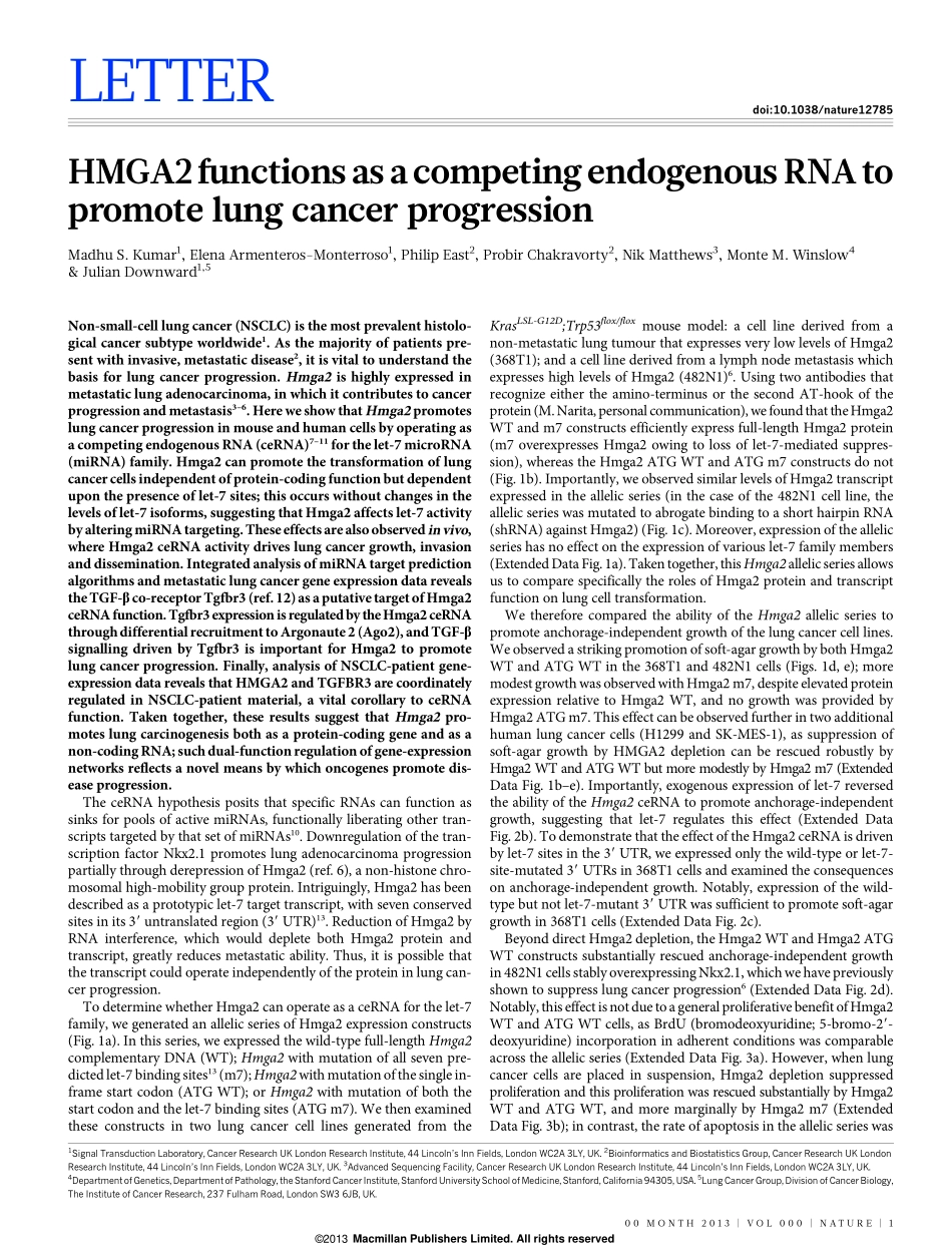 5、Nature 2014-HMGA2作为竞争性内源性RNA促进肺癌进展(1).pdf_第1页
