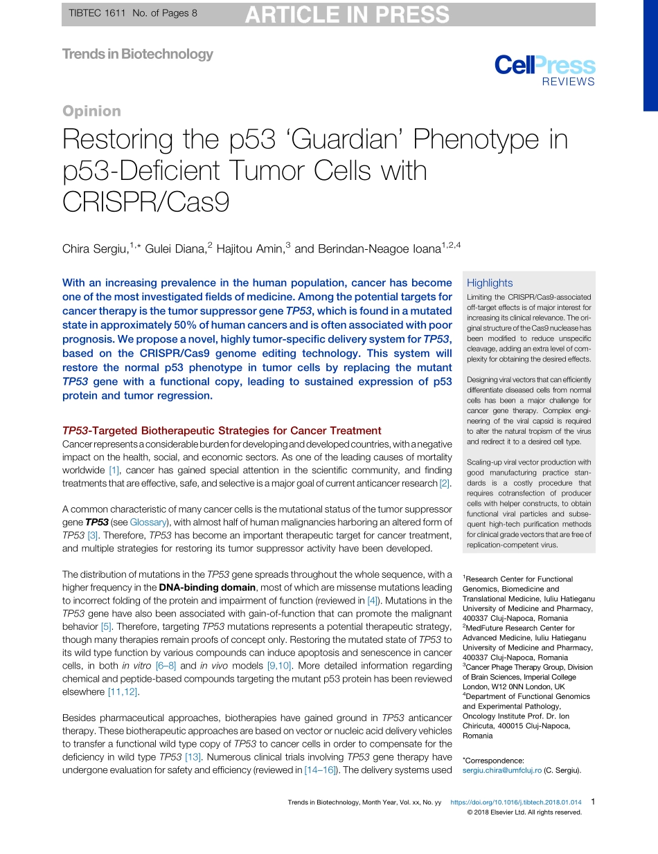 5、Trends Biotechnol. 2018-用CRISPRCAS9修复p53缺陷肿瘤细胞的p53“卫士”表型.pdf_第1页