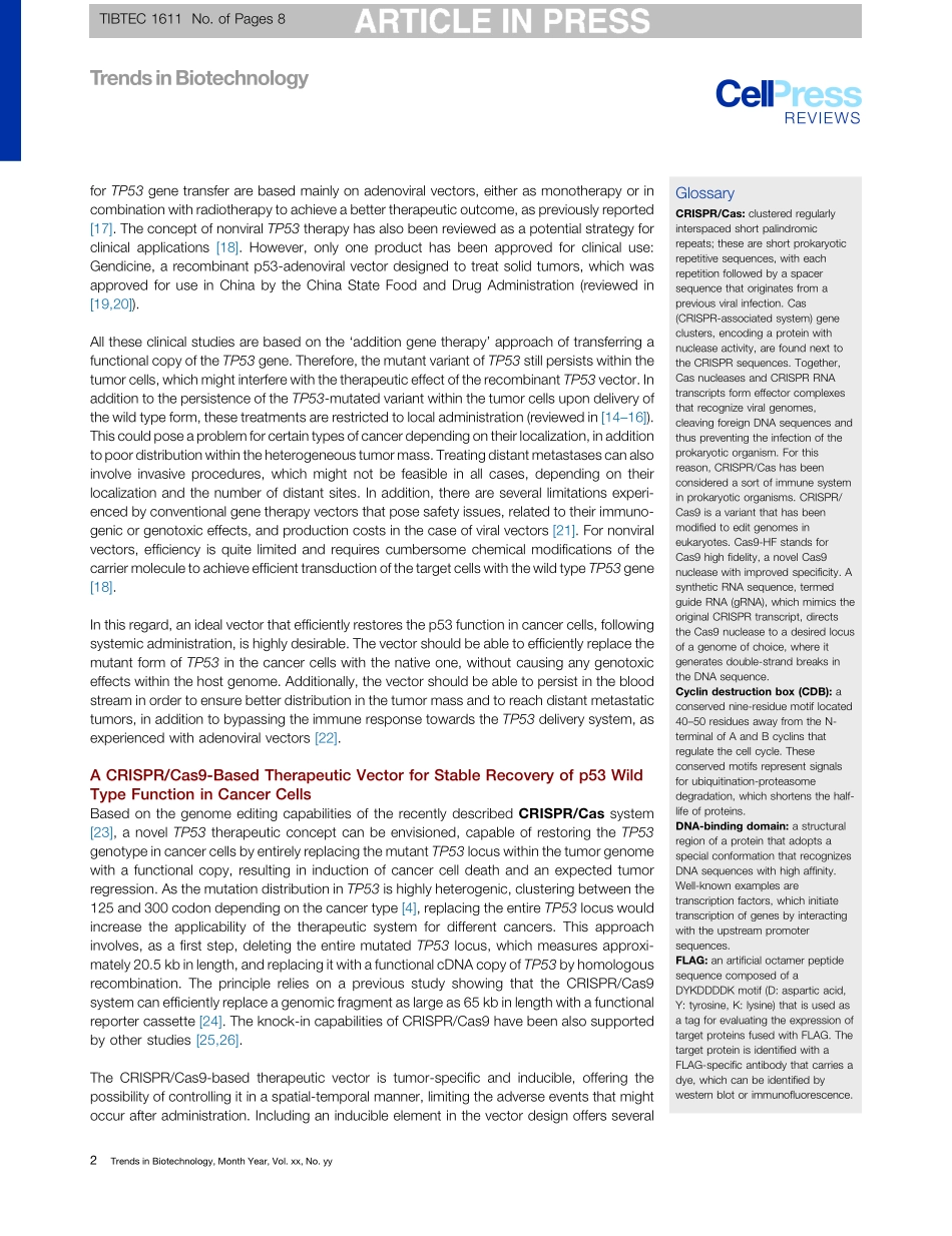 5、Trends Biotechnol. 2018-用CRISPRCAS9修复p53缺陷肿瘤细胞的p53“卫士”表型.pdf_第2页