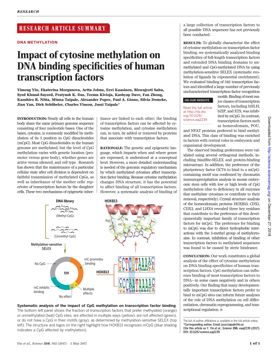 2017-胞嘧啶甲基化对人类转录因子DNA结合特异性的影响.pdf_第1页