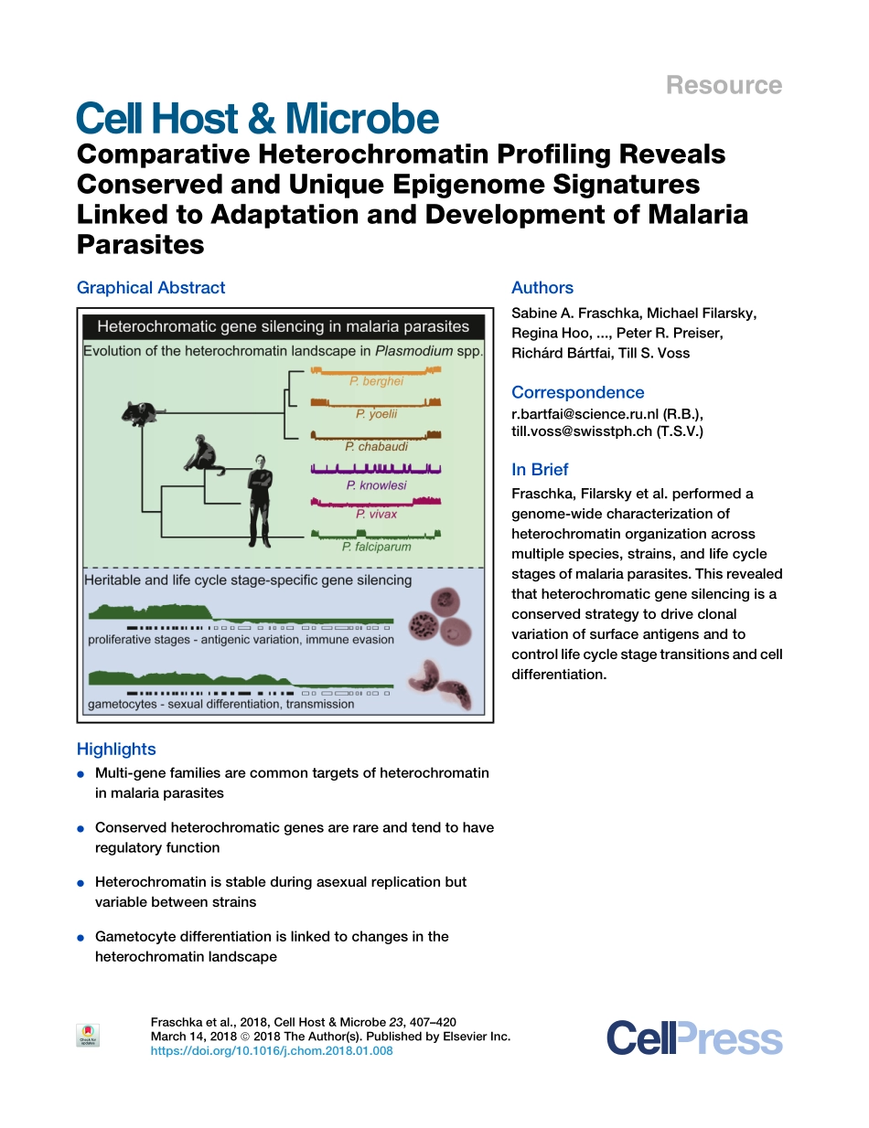 2018-比较异染色质分析显示保守和独特的表观基因组特征与疟疾寄生虫的适应和发展相关联.pdf_第1页