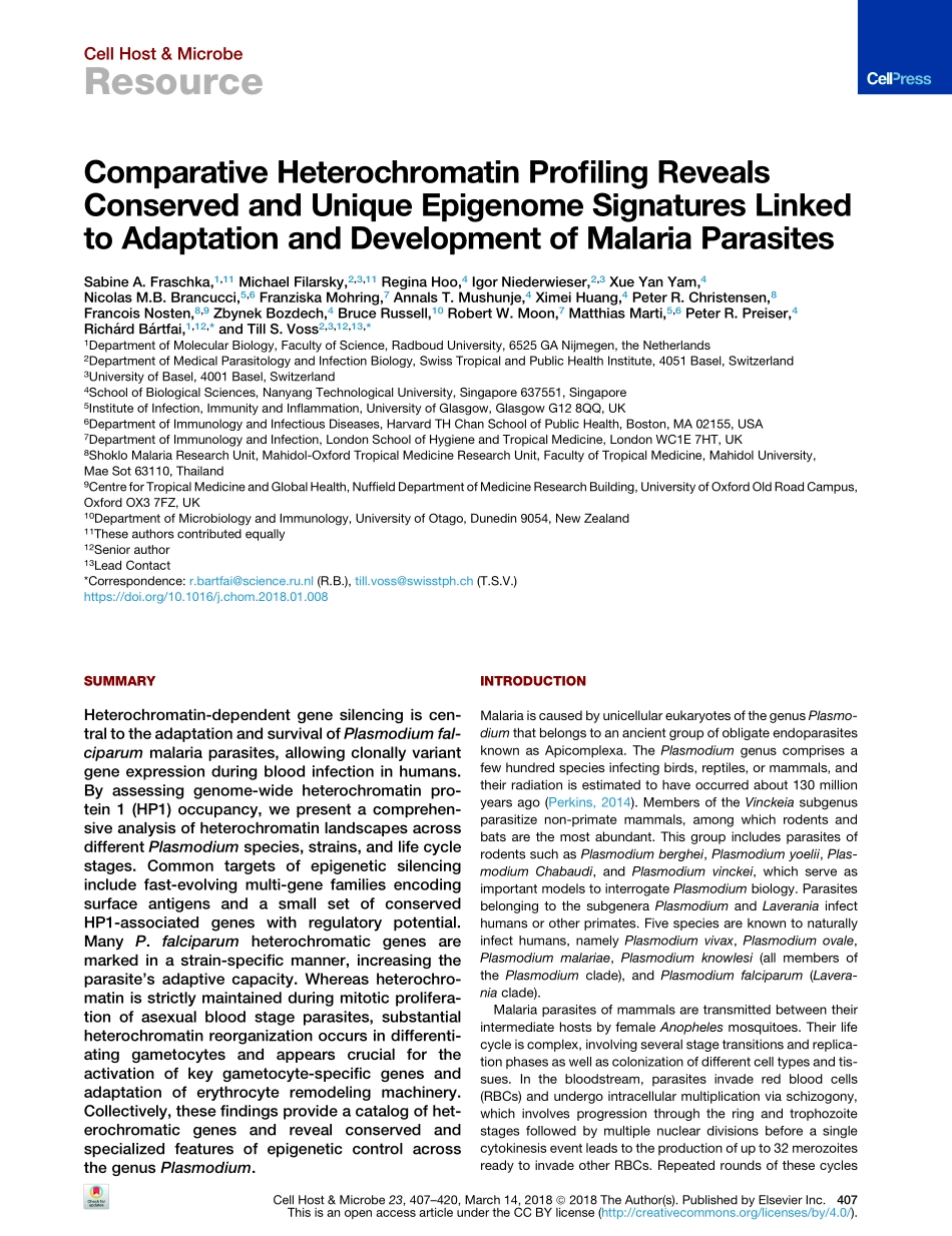 2018-比较异染色质分析显示保守和独特的表观基因组特征与疟疾寄生虫的适应和发展相关联.pdf_第2页