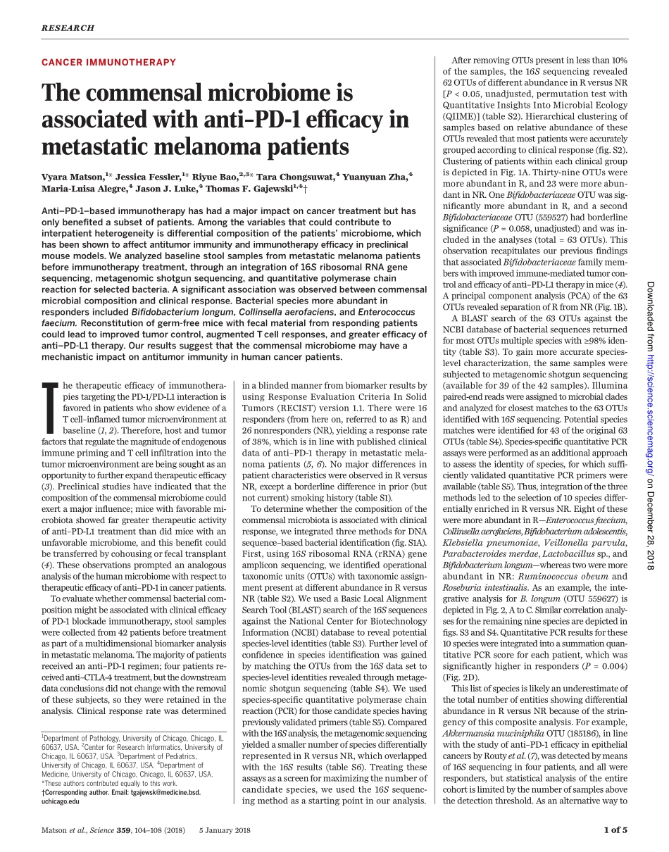 2018-共生微生物组与转移性黑素瘤患者的抗PD-1功效相关.pdf_第1页