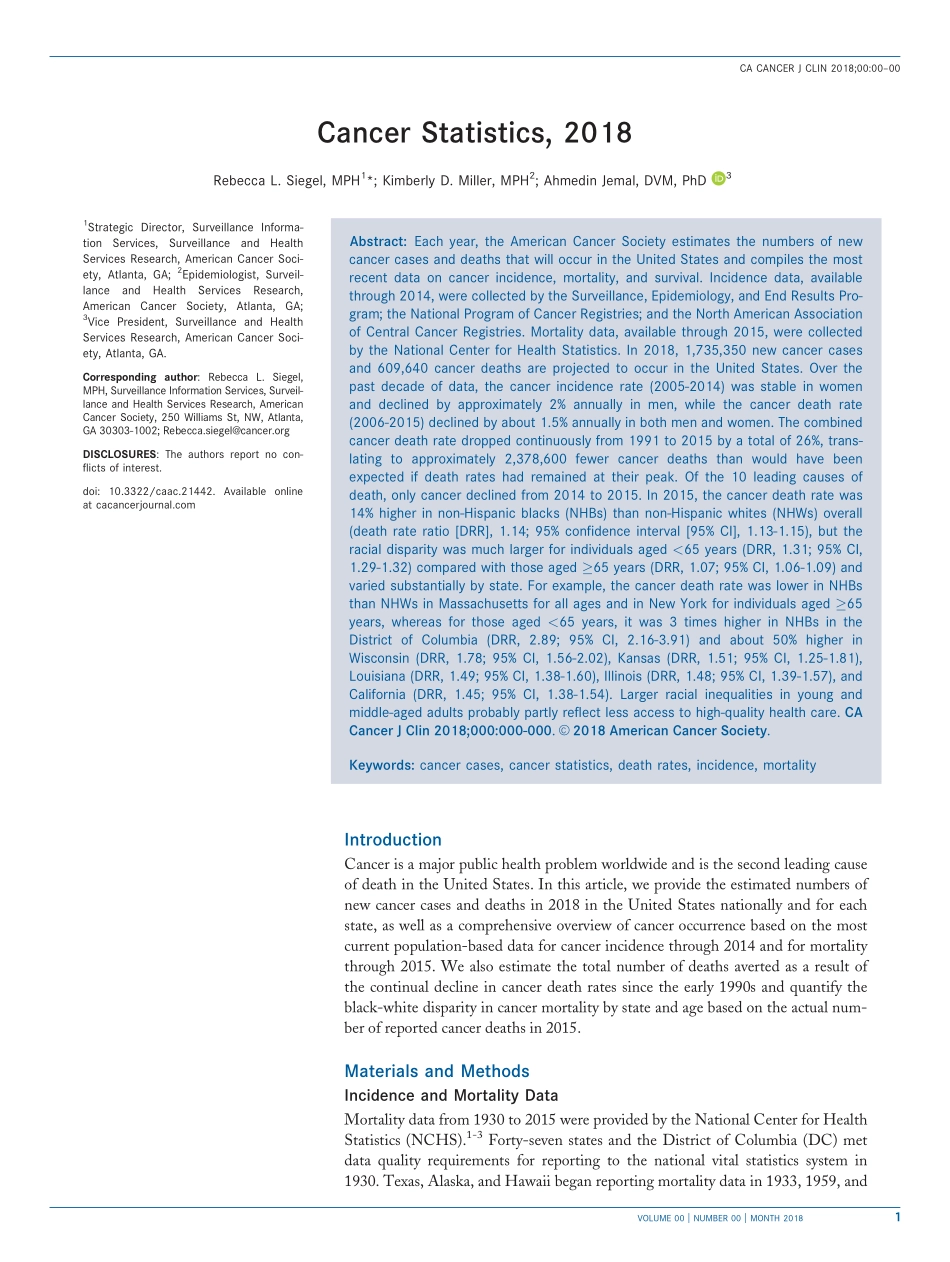 Cancer Statistics, 2018.pdf_第1页