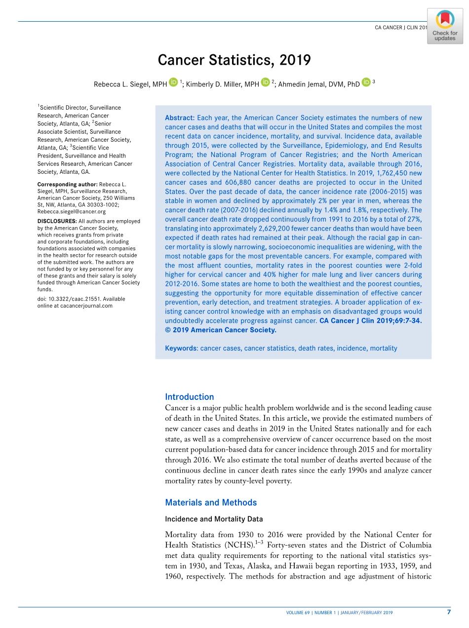 Cancer Statistics, 2019.pdf_第1页