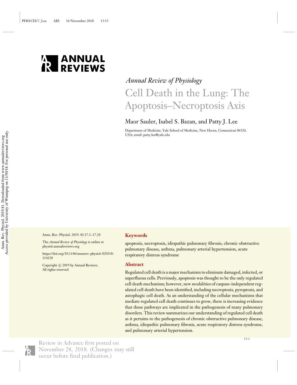 Annu. Rev. Physiol. 2019肺细胞死亡：细胞凋亡 - 坏死性凋亡轴.pdf_第1页