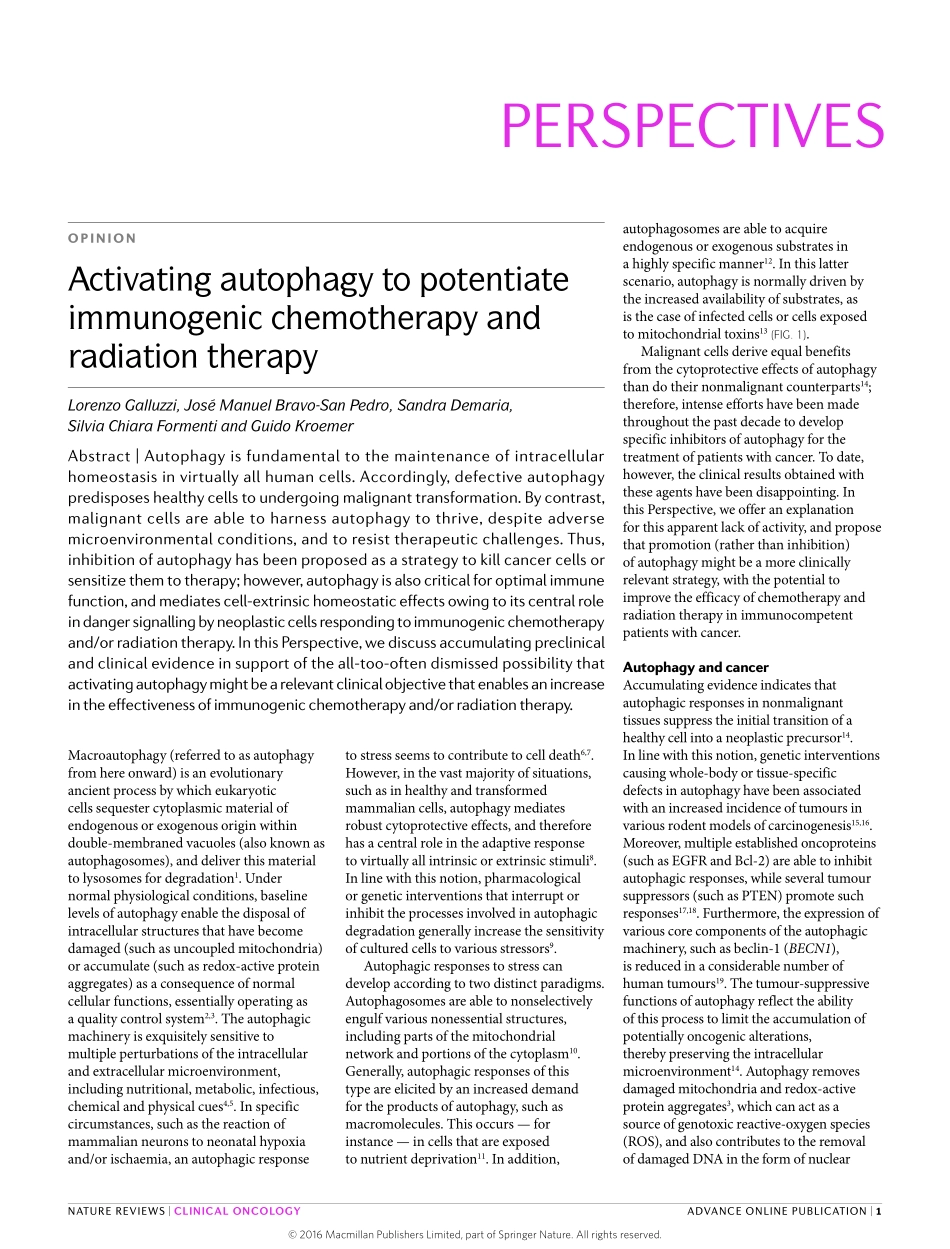 Activating autophagy to potentiate immunogenic chemotherapy and radiation therapy.pdf_第1页