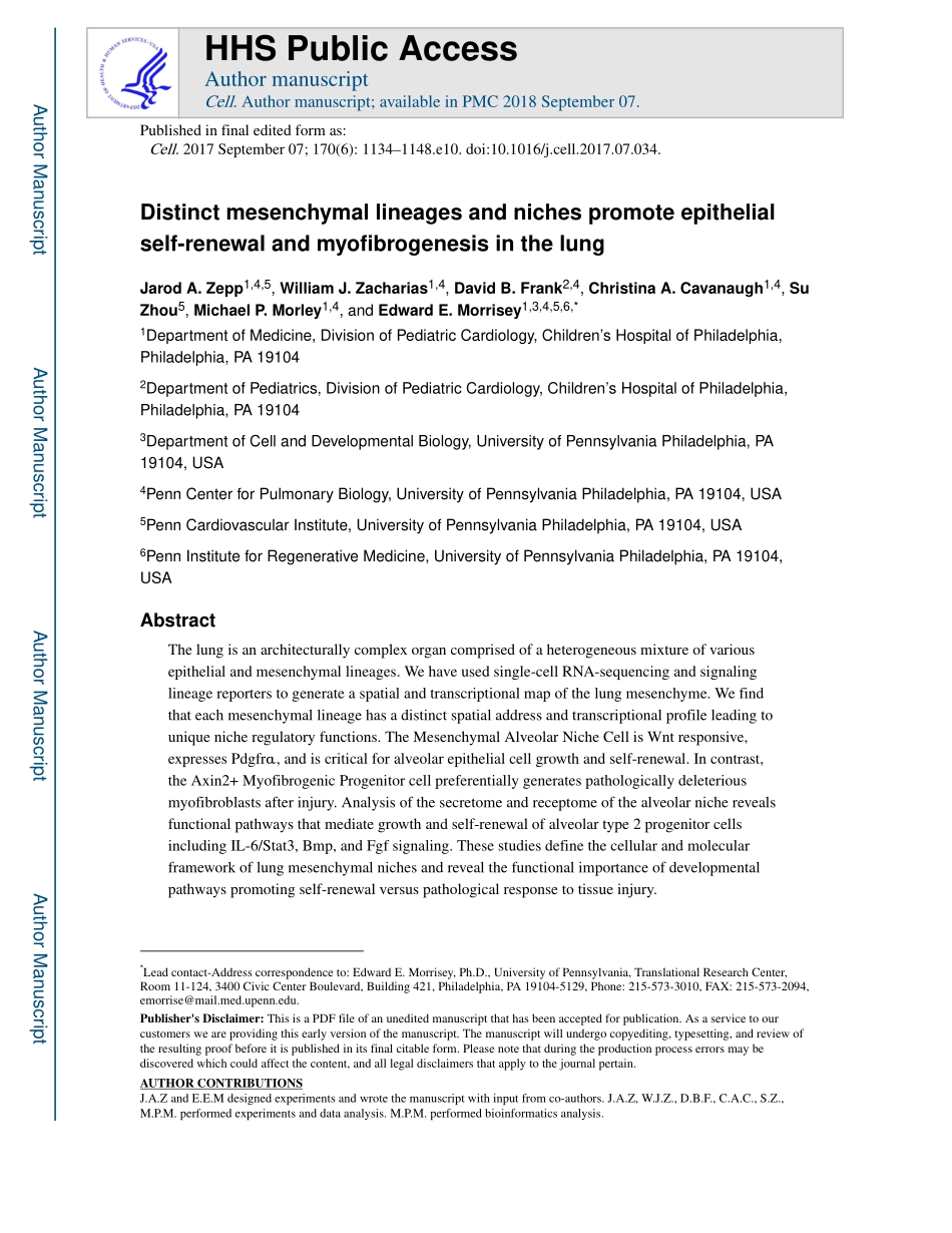 Cell. 2017 不同的间充质谱系和小生境促进肺上皮的自我更新和肌成纤维.pdf_第1页