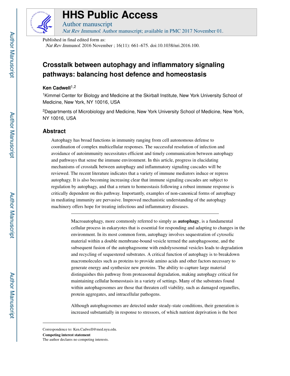 Crosstalk between autophagy and inflammatory signaling pathways-balancing host defence and homeostasis.pdf_第1页
