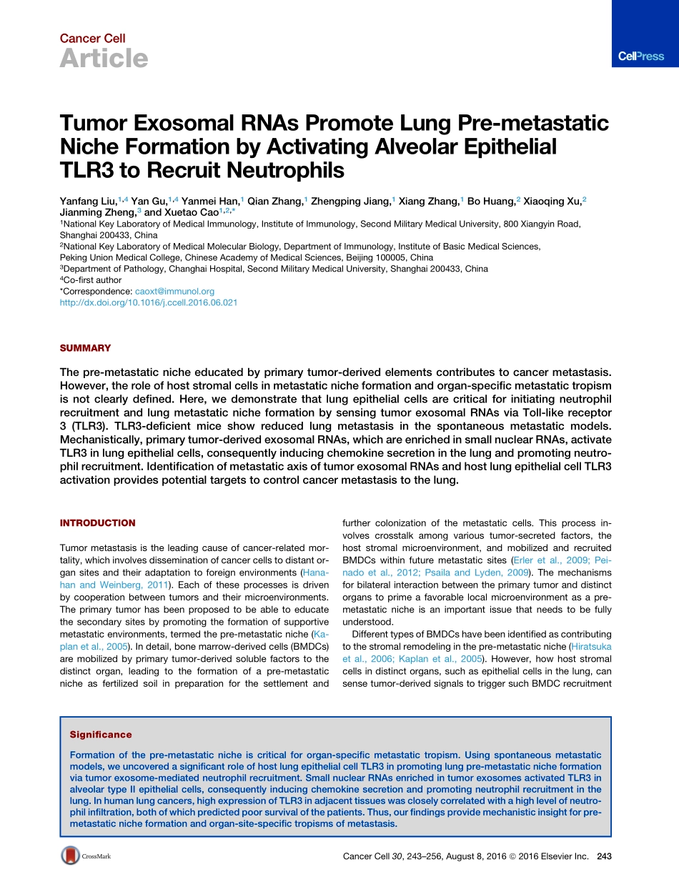 Cancer Cell. 2016 肿瘤外体RNA通过激活肺泡上皮TLR3招募中性粒细胞促进肺转移前生态位的形成.pdf_第2页