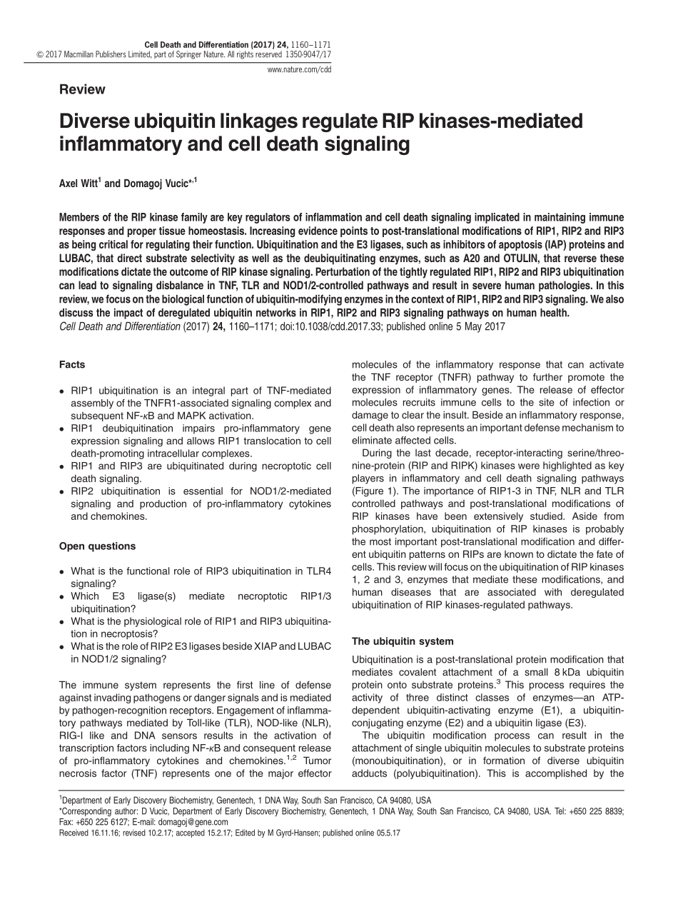 Diverse ubiquitin linkages regulate RIP kinases-mediated inflammatory and cell death signaling.pdf_第1页