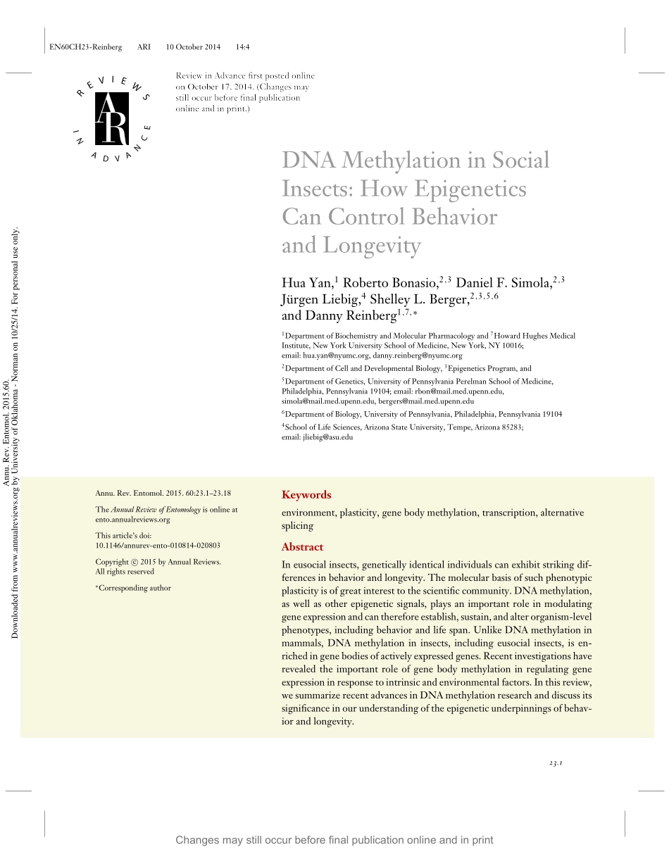 DNA Methylation in Social Insects-How Epigenetics Can Control Behavior and Longevity.pdf_第1页