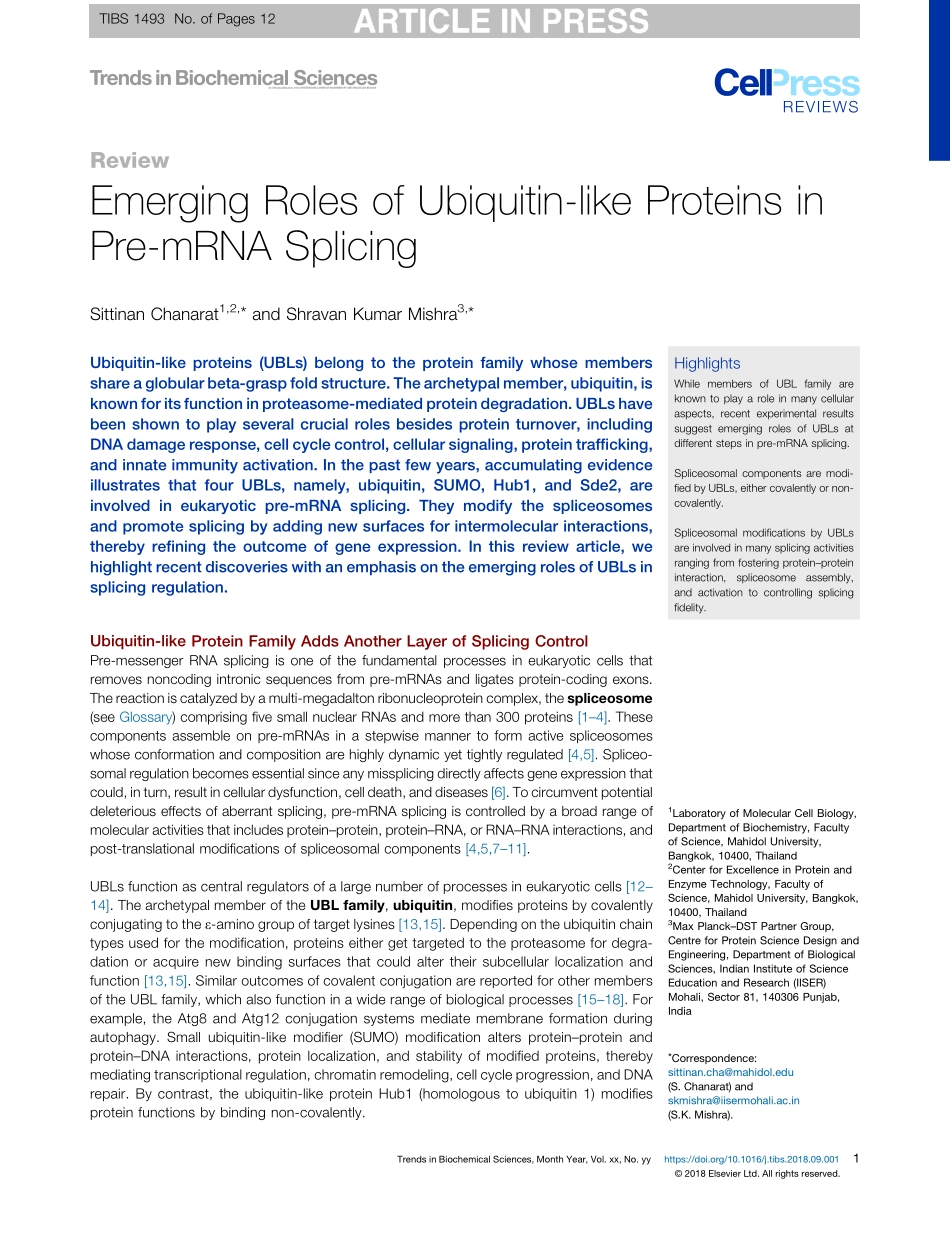 Emerging Roles of Ubiquitin-like Proteins in Pre-mRNA Splicing.pdf_第1页