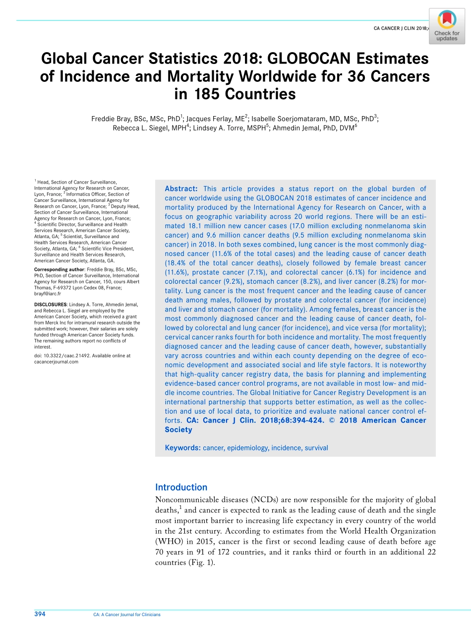 Global cancer statistics 2018-GLOBOCAN estimates of incidence and mortality worldwide for 36 cancers in 185 countries.pdf_第1页