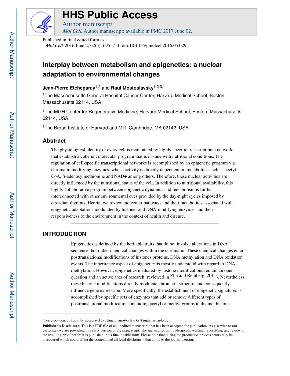 Interplay between metabolism and epigenetics-a nuclear adaptation to environmental changes.pdf_第1页
