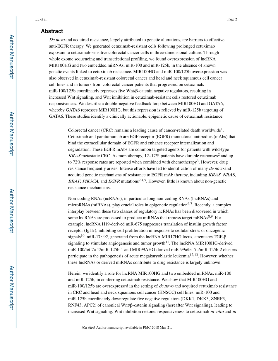 Nat Med. 2017 lncRNA MIR100HG衍生的miR-100和miR-125b通过Wnt β-catenin信号调解西妥昔单抗阻力.pdf_第2页