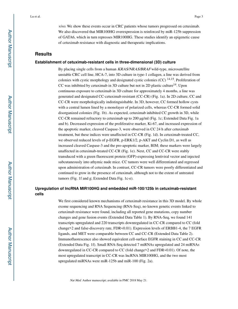 Nat Med. 2017 lncRNA MIR100HG衍生的miR-100和miR-125b通过Wnt β-catenin信号调解西妥昔单抗阻力.pdf_第3页