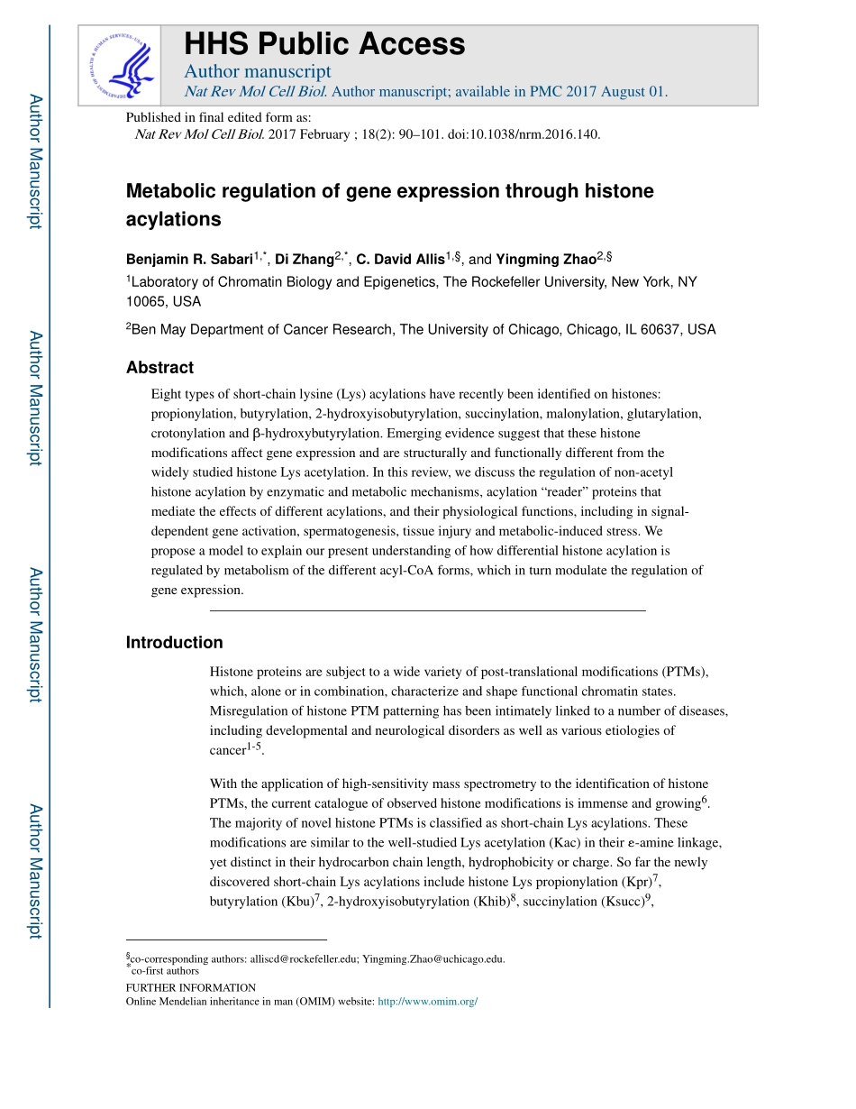 Metabolic regulation of gene expression throug.pdf_第1页