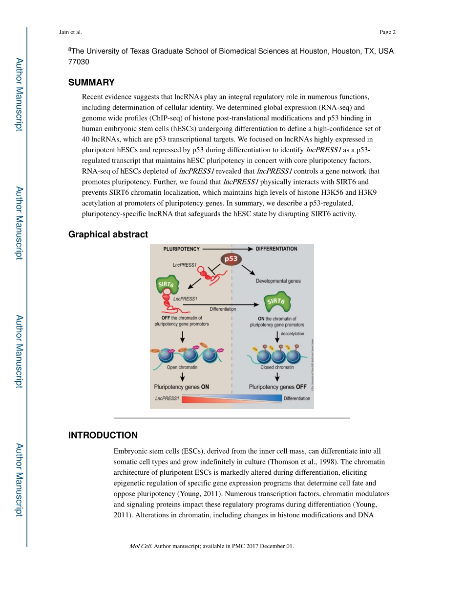 Mol Cell. 2016 p53调控的LncRNA PRESS1通过阻断sirt6介导的组蛋白H3K56的去乙酰化来保护其多能性.pdf_第2页
