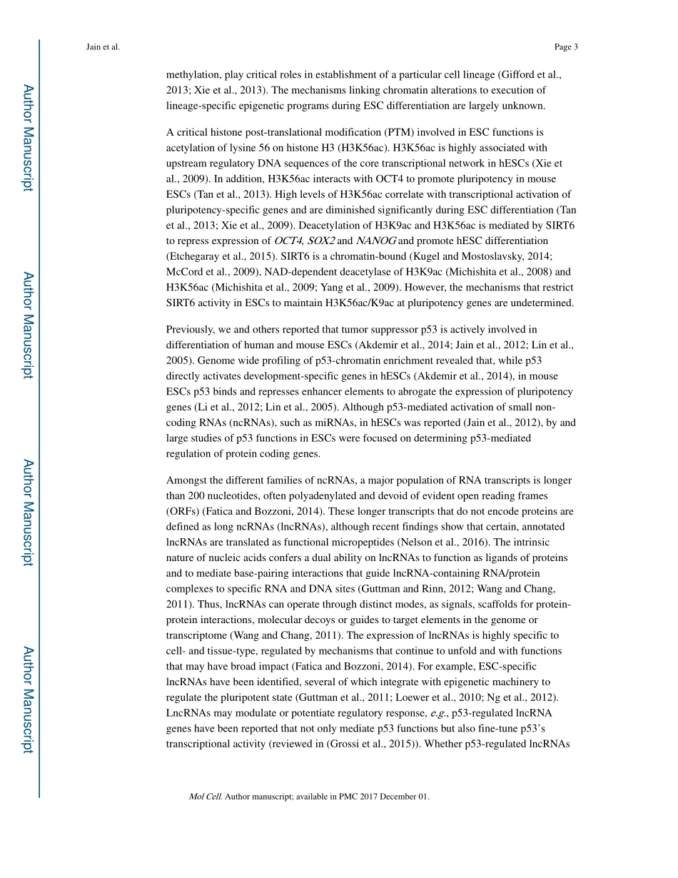 Mol Cell. 2016 p53调控的LncRNA PRESS1通过阻断sirt6介导的组蛋白H3K56的去乙酰化来保护其多能性.pdf_第3页