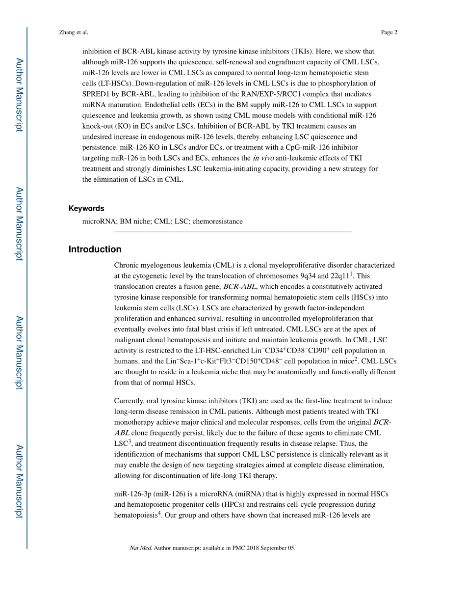 Nat Med. 2018 miR-126的骨髓生态位转运控制慢性粒细胞白血病白血病干细胞的自我更新.pdf_第2页