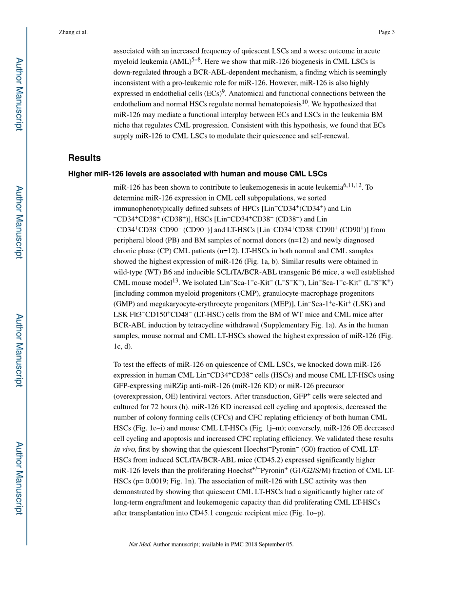 Nat Med. 2018 miR-126的骨髓生态位转运控制慢性粒细胞白血病白血病干细胞的自我更新.pdf_第3页