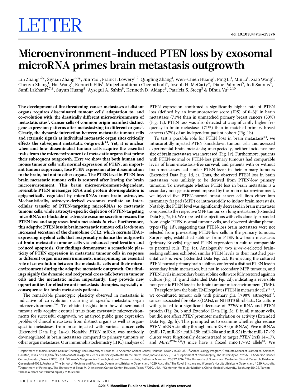 Nature. 2015 外泌体microRNA引起的微环境诱导的PTEN缺失启动了脑转移的生长.pdf_第2页